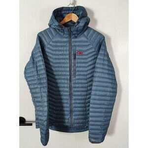 Outdoor Research Mens Large Verismo Hooded Down Jacket Blue Full Zip (Read Desc)